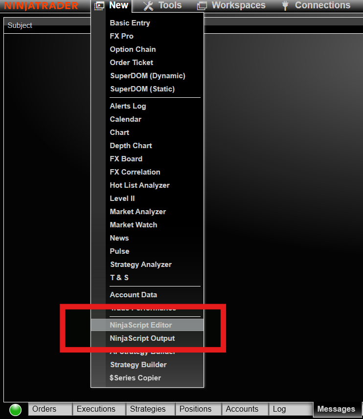 NinjaTrader New menu with NinjaScript Editor highlighted