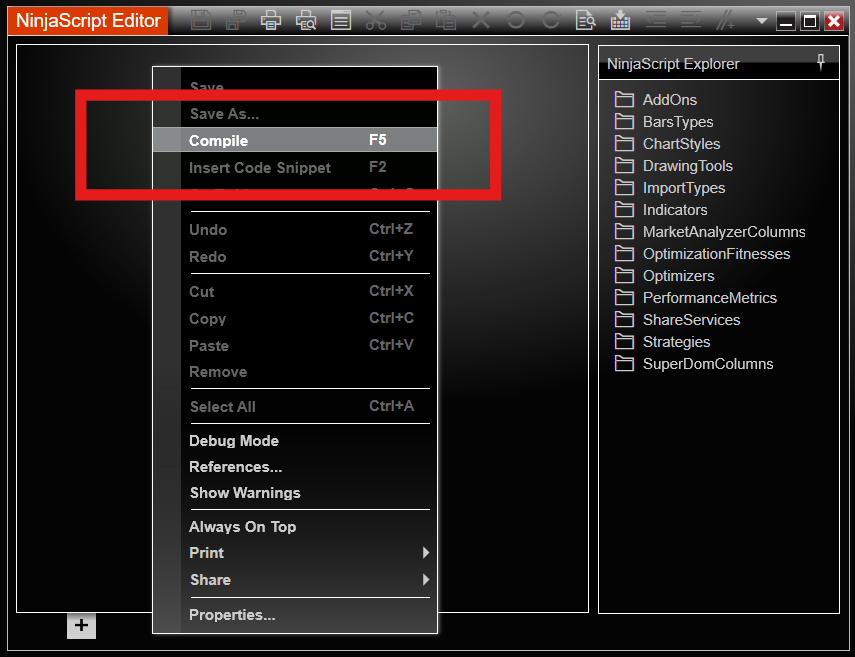 NinjaScript Editor right-click menu with Compile highlighted