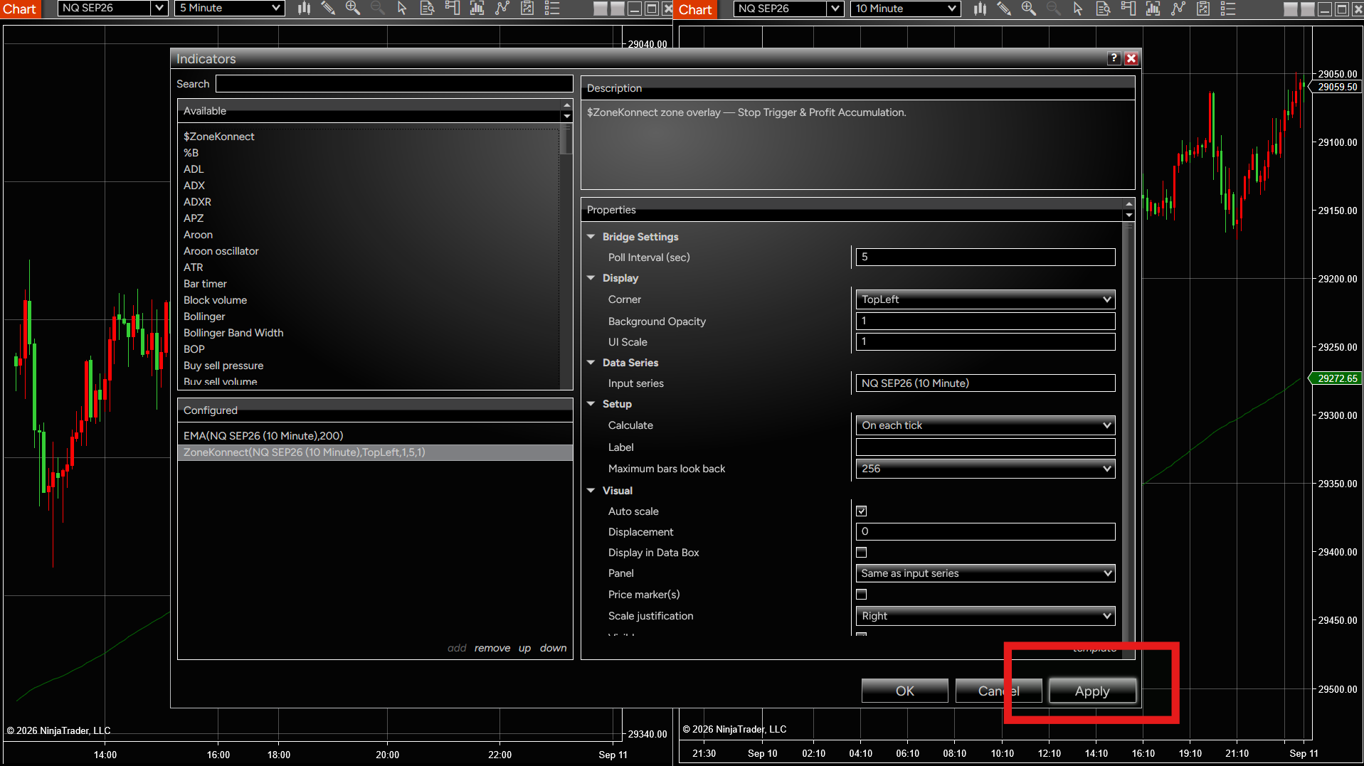 Indicators window showing ZoneKonnect added to Configured with Apply highlighted